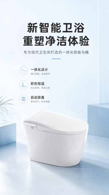 [第2屏] 设计美学与产品定位页，智能马桶。本屏使用【图2】作为商品主体参考。
[氛围/风格] 简约科技感，浅蓝渐变干净背景，高级质感，现代简约卫浴空间氛围。
[元素布局] 页面分为上下两部分，上半部预览效果