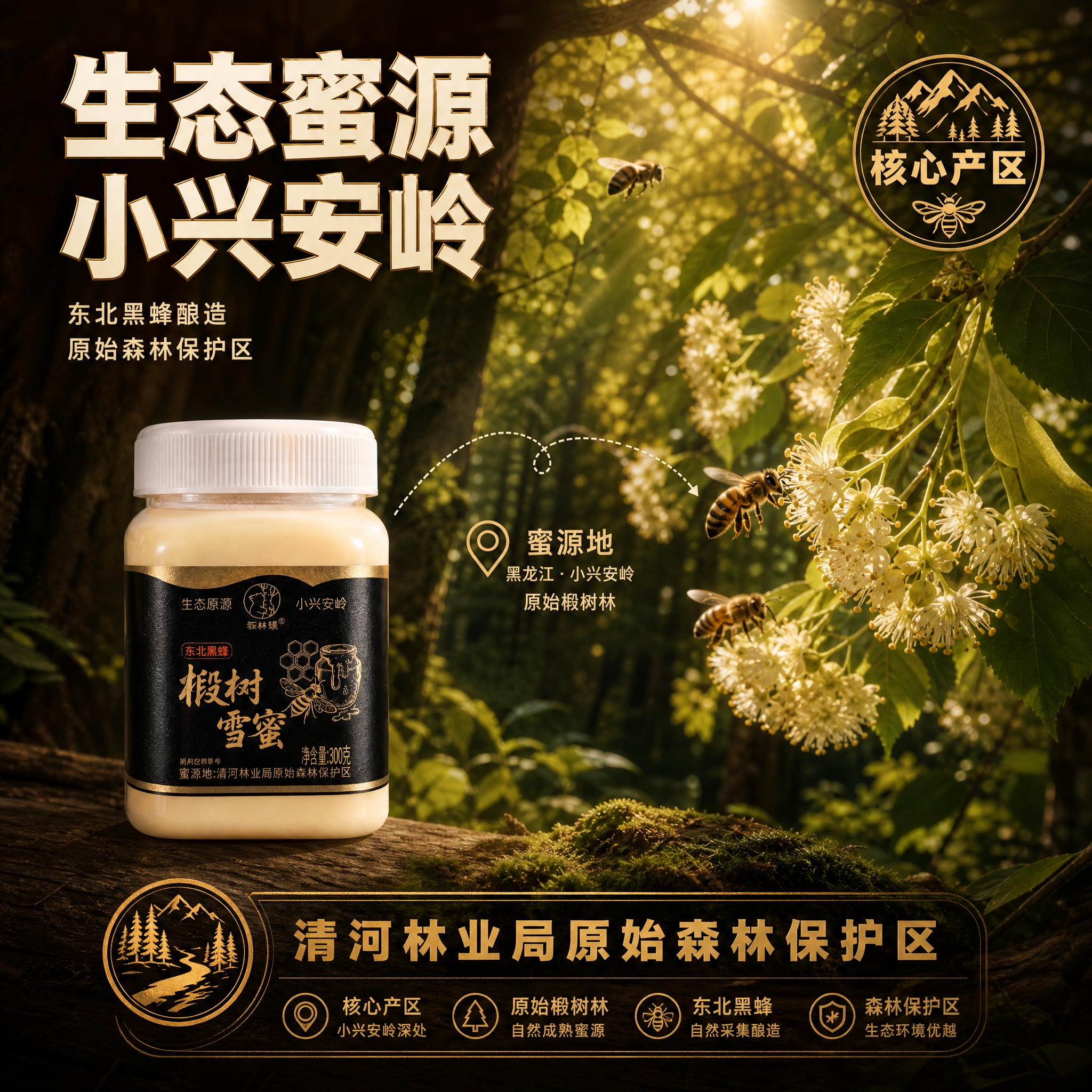 [主图-2] 椴树雪蜜产地溯源图，展示蜜源地与东北黑蜂，建立品… - 图片创意预览
