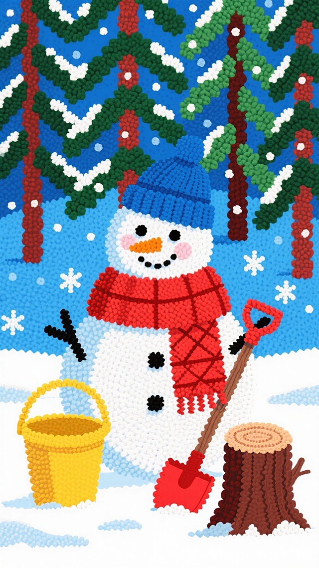 戴蓝色帽子、红格纹围巾的微笑雪人，黄色桶（配红色铲子）、树桩；背景为飘雪的雪地松林