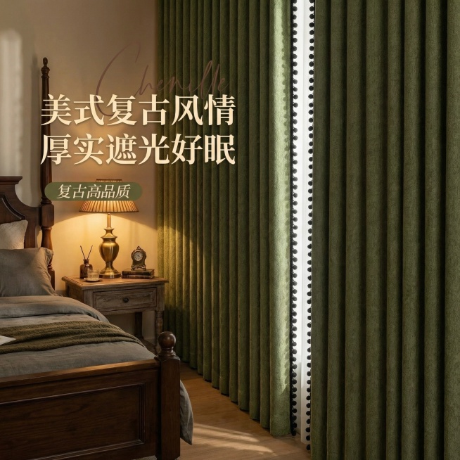 不改变原来的纹路，把窗帘的颜色改成复古绿，改变毛球的颜色为纯黑色，可以适当调整文字内容，家具场景也切换成美式复古风预览效果