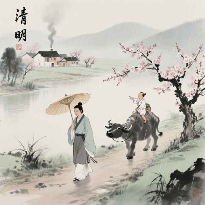 清明时节，细雨纷纷，一位身着古代服饰的行人撑着油纸伞，神情忧愁地行走在乡间小路上，不远处，一个牧童骑在牛背上，手指着远方开满杏花的村庄，炊烟袅袅，意境朦胧，水墨画风格预览效果