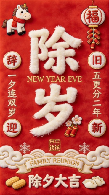 【马年除夕毛茸茸国潮红包设计】材质与色调：采用正红色短绒为基底，主视觉元素使用蓬松长绒材质塑造立体感，点缀浅金植绒与奶白毛绒细节，整体呈现节庆团聚的温暖质感。核心视觉元素：中央以奶白色蓬松长绒材质塑造预览效果