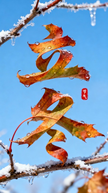 枫叶叶片拉长扭曲变形成”立冬” 二字，叶片上有晶莹的露珠点缀。背景是一片晴朗的蓝天，画面中穿插着带有冰霜和薄雪的树枝，营造出冬日温暖的氛围。“立冬” 文字位于图像的中上部，红色小印章”节气“点缀，整体预览效果