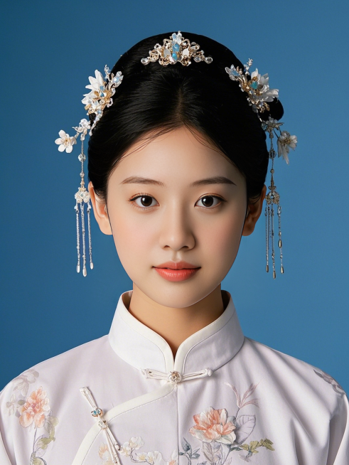 女生，古代服饰证件照，背景纯色，精致头饰预览效果