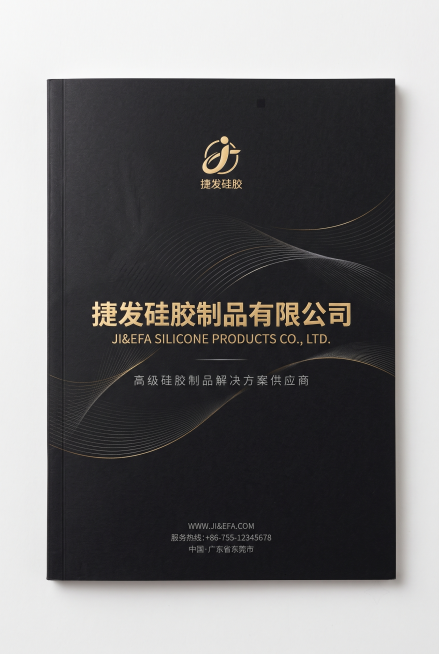以黑色为基础基调设计一款公司宣传手册的封面，公司名称：捷发硅胶制品有限公司，风格：高端简约，生成图片比例14（宽）：21（高）预览效果