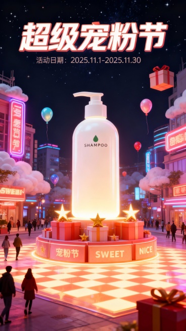 一个巨大的发光的图中商品矗立在梦幻城市的中心广场，礼盒层层堆叠，顶部是一个闪耀的金色五角星，每个礼盒侧面显示着“宠粉节”、“SWEET”、“NICE”等神秘数字与文字，地面铺满发光的棋盘格地板，周围漂预览效果