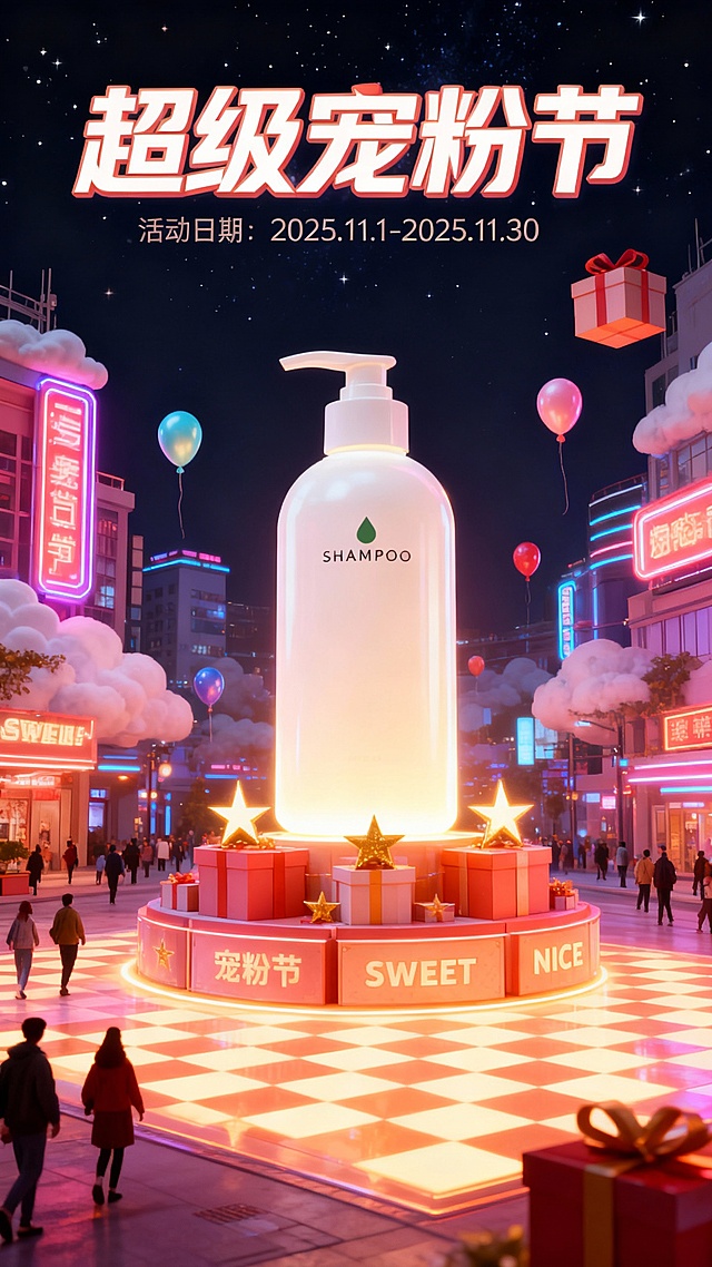 3D风城市夜景中，巨型发光洗发水瓶矗立中央，霓虹灯与礼物盒环绕，融合city pop风与超级符号设计，营造梦幻、未来感十足的宠粉节庆典氛围。