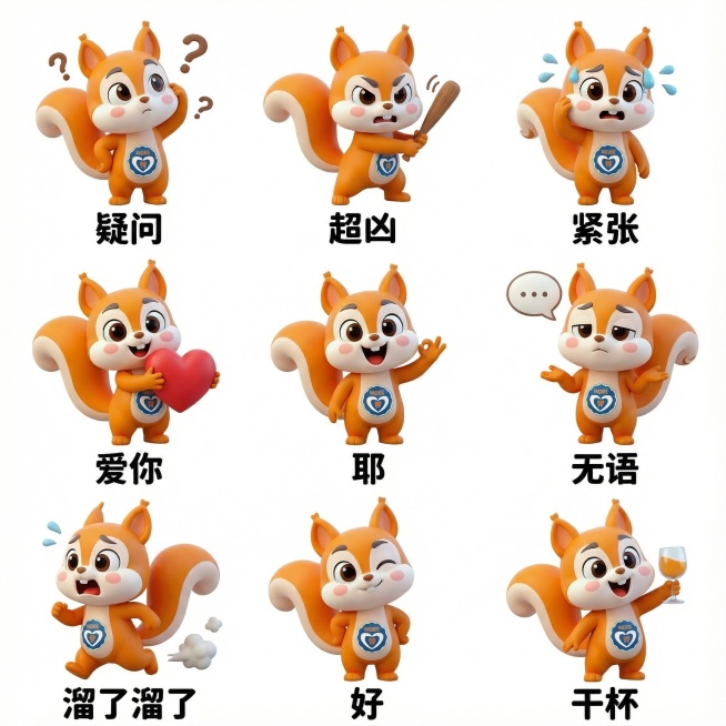 将图片改成以白色为背景，采用九宫格排版，展示了角色的九种表情包，卡通松鼠形象（严格遵守上传的IP特征），ip原型。第一行第一格是用手摸头的动作，文字是“疑问”;第一行第二格是手拿棒槌打人的动作，文字是预览效果