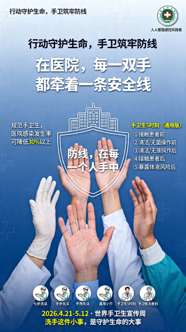 医院手卫生宣传海报，主题《防线，在每一个人手中》。核心内容：从画面底部向上伸出5-6双手（大小不一，有戴手套有徒手）呈托举守护状，象征全院不同岗位。掌心上方用线条勾勒出医院轮廓盾牌形状，盾牌内写活动主预览效果