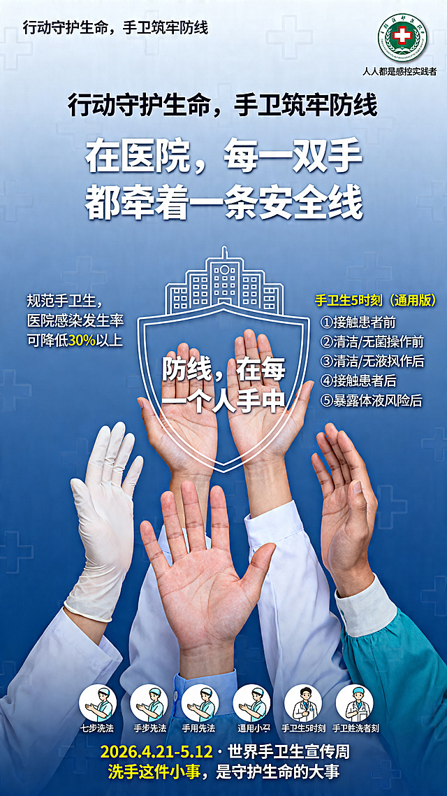 医院手卫生宣传海报，主题《防线，在每一个人手中》。核心内容：从画面底部向上伸出5-6双手（大小不一，有戴手套有徒手）呈托举守护状，象征全院不同岗位。掌心上方用线条勾勒出医院轮廓盾牌形状，盾牌内写活动主题"防线，在每一个人手中"。顶部主标题"行动守护生命，手卫筑牢防线"，中部核心句"在医院，每一双手都牵着一条安全线"，左侧文字"规范手卫生，医院感染发生率可降低 30% 以上"，右侧要点"手卫生 5 时刻（通用版）①接触患者前 ②清洁/无菌操作前 ③暴露体液风险后 ④接触患者后 ⑤接触患者周围环境后"。底部是七步洗手法和手卫生5时刻的通用小人图标，行动号召文字"2026.4.21-5.12 · 世界手卫生宣传周 洗手这件小事，是守护生命的大事"。右上角放置院徽，下方一行文字"人人都是感控实践者"。背景是医疗蓝渐变，带有极淡的十字水印。整体风格专业庄重，适合医院感控宣传。