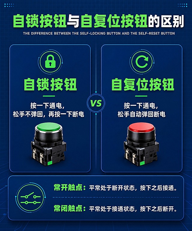 工业电气知识科普图，重新排版设计。
[画面] 详情页知识说明图，目标清晰展示自锁与自复位按钮的区别，左右分栏+上下分层的现代排版；左侧为自锁按钮区，右侧为自复位按钮区，底部为触点说明区；顶部大标题居中；整体布局对称平衡，信息层级分明，阅读动线清晰。
[视觉] 套系策略：风格=工业简约科技风；标题字=思源黑体 Bold；正文字=思源黑体 Bold；主色=工业深蓝#1E3A8A；背景延展=深蓝渐变背景，顶部稍浅向下渐深，带有细微科技网格纹理；强调色=荧光绿#22C55E，用于关键词高亮；标题色=白色；正文色=浅灰色；组件=深蓝卡片、绿色高亮关键词、细分隔线、图标点缀；光影=干净平面设计感，卡片有轻微投影增加层次。
[文字] 文案内容全部保留不变，重新排版如下：
顶部居中：大号白色粗体主标题"自锁按钮与自复位按钮的区别"（其中"自锁按钮"和"自复位按钮"用荧光绿色高亮），其下小号浅灰色英文副标题"THE DIFFERENCE BETWEEN THE SELF-LOCKING BUTTON AND THE SELF-RESET BUTTON"；
中部左右两栏对称布局：
左栏（深蓝圆角卡片内）：顶部荧光绿色大号粗体"自锁按钮"，下方浅灰色说明文字"按一下通电，松手不弹回，再按一下断电"；
右栏（深蓝圆角卡片内）：顶部荧光绿色大号粗体"自复位按钮"，下方浅灰色说明文字"按一下通电，松手自动弹回断电"；
底部通栏（深蓝圆角卡片内）：两行触点说明，荧光绿色关键词+浅灰色说明：
"常开触点：平常处于断开状态，按下之后接通。"
"常闭触点：平常处于接通状态，按下之后断开。"
所有字体统一为思源黑体 Bold，关键词用荧光绿色高亮，说明文字浅灰色，层级分明，清晰易读。
[规格] 宽度750px，高度约900px（竖版详情页），4K，避免变形、错字、文字过小、文案内容改变、排版杂乱。