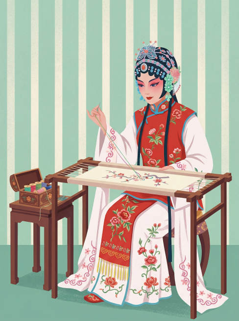 参考图一的扁平插画风格，绘制京剧人物春香坐在绣架前专注刺绣，保留图二中春香的戏曲扮相与服饰特征，整体色调清新雅致预览效果