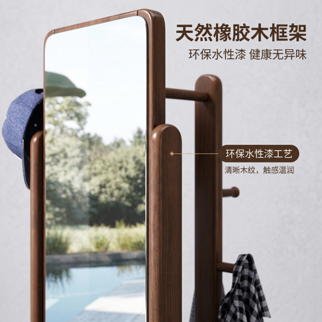 [主图主题] 环保实木材质展示
[氛围/风格] 轻奢高级质感，干净简约光影，突出材质细节
[画面元素] 特写展示穿衣镜实木橡胶木框架，微距展示清晰木纹，标注环保水性漆工艺，背景简洁浅灰，突出木材天然纹预览效果