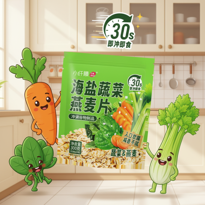 根据这张图片帮我衍生出5张不一样的图片，可以加其他元素，产品是海盐蔬菜燕麦片，产品不变，配料有胡萝卜，菠菜，西芹预览效果