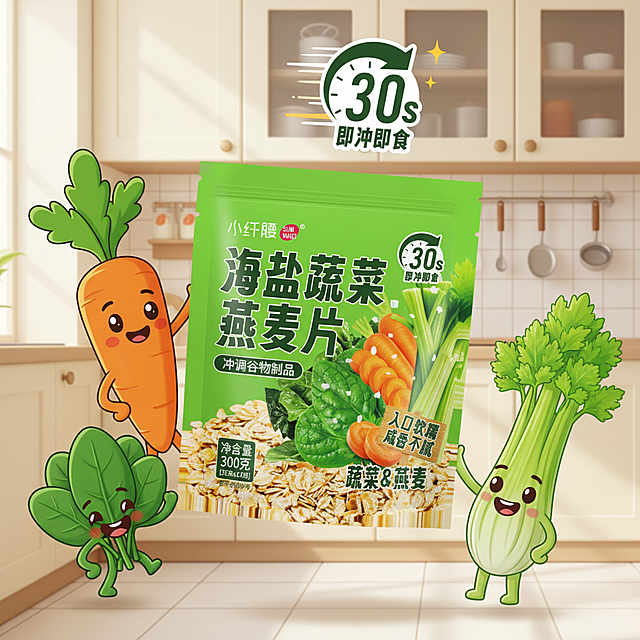 根据这张图片帮我衍生出5张不一样的图片，可以加其他元素，产品是海盐蔬菜燕麦片，产品不变，配料有胡萝卜，菠菜，西芹