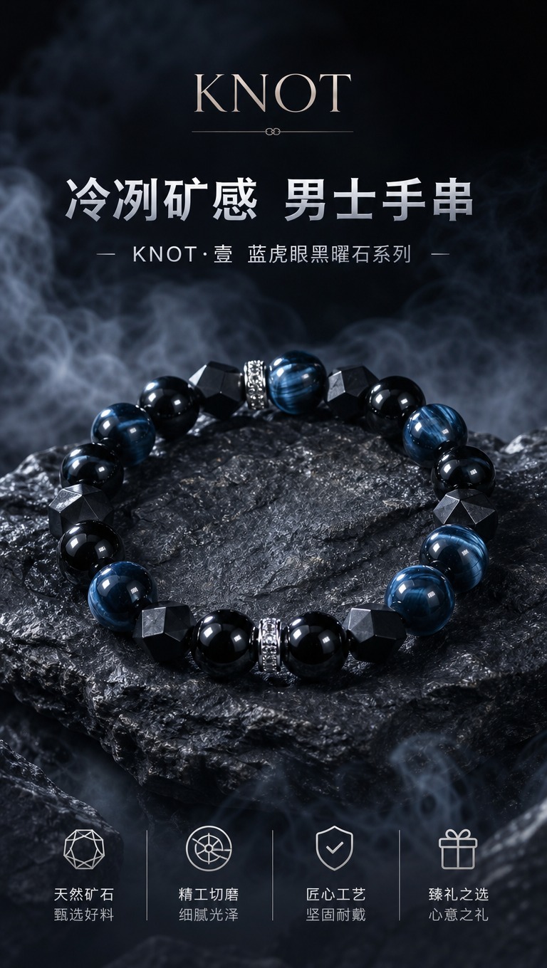 [商品] 使用【图1】男士手串，保留蓝虎眼圆珠、黑曜石圆珠、磨… - 图片创意预览