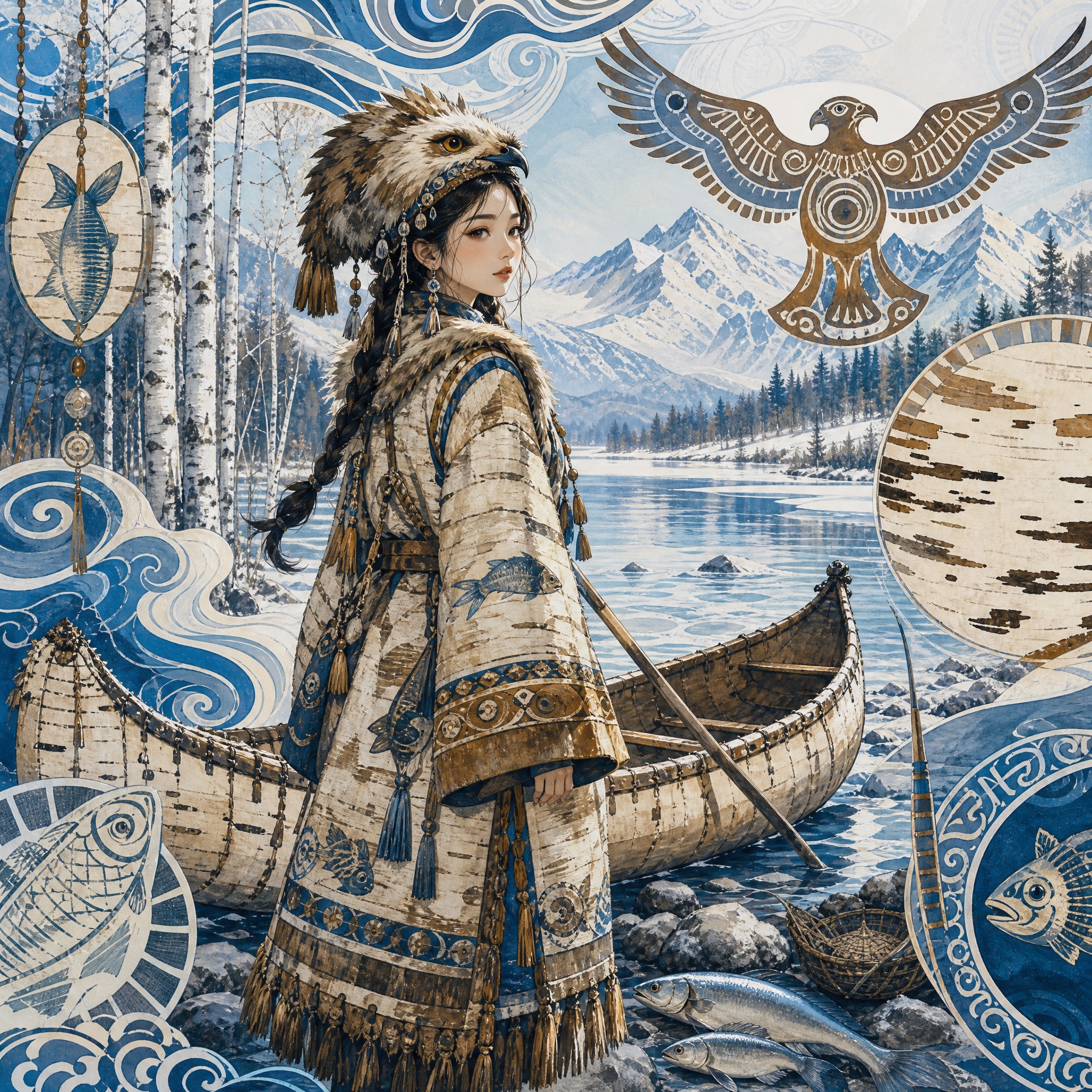 国潮插画，赫哲族主题，一位少女身着鱼皮衣风格的传统服饰，头戴兽… - 图片创意预览