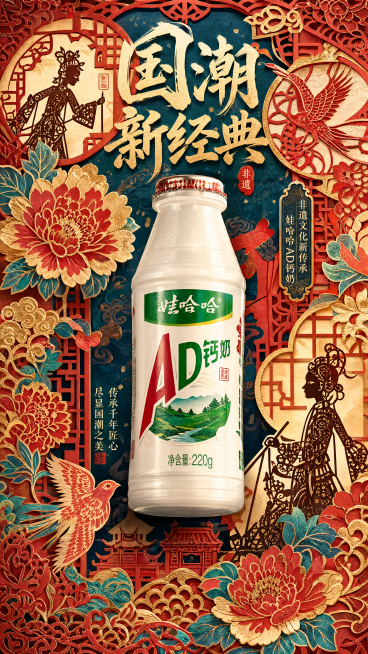 8K超清商业宣传海报，主风格新国潮融合中式剪纸非遗艺术，画面核心摆放造型精致的AD钙奶饮品，瓶身光影通透立体。大面积融入镂空剪纸纹样、民俗窗花、吉祥花鸟剪纸图案作为画面基底与边框，搭配传统皮影戏剪影元预览效果