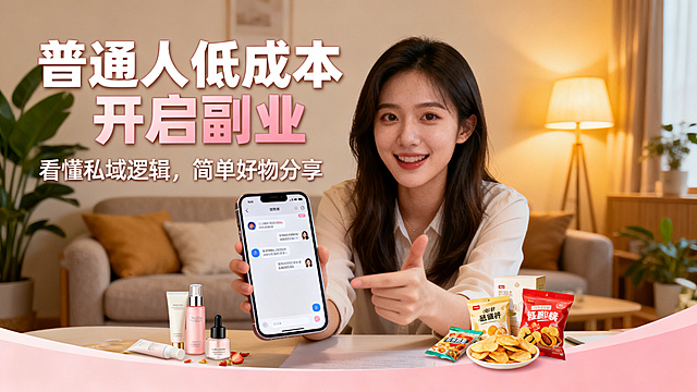 海报设计，主标题：普通人低成本开启副业，副标题：看懂私域逻辑，简单好物分享。社交风，年轻女性上班族对着手机分享好物，背景是温馨居家环境，搭配手机聊天框和好物产品元素，主标题突出，副标题清晰，亲和力强，主副标题分明。