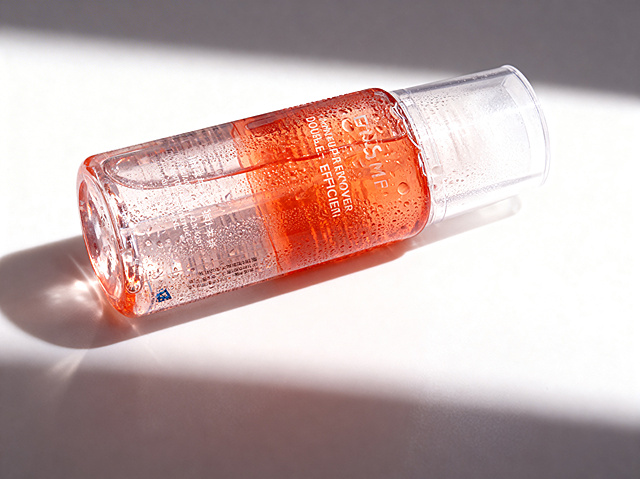 完美去底, 绝对 #FFFFFF 纯白背景, 必须生成真实接触阴影
专业商业棚拍高级感光影, 轮廓光, 体积光, 柔和接触阴影, 曝光正确, 强烈物理真实立体感, 居中构图, 商品主体占比60%-80%
透明卸妆水瓶, 橙红色分层卸妆液, 瓶身带有ELSSME文字和产品说明文字
极致超清8k画质, 电影级CG渲染, 智能降噪, 深度细节锐化, 提升高级质感
绝对锁定原图商品颜色, 微距级重构通透玻璃瓶材质纹理, 保留瓶身水珠细节, 强制透视矫正, 保留瓶身完整结构和原有液体, 整体提升高级氛围感