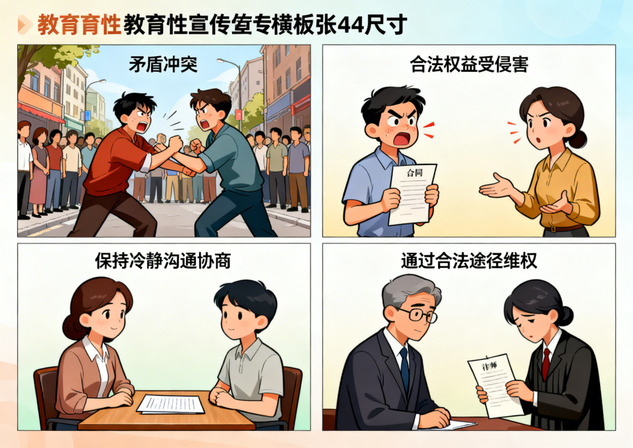 四宫格漫画横板A4尺寸，每个格子占纸张1/4。四格主题依次为：1. 人们发生矛盾冲突；2. 合法权益受到侵害；3. 保持冷静沟通协商；4. 通过合法途径维权。以漫画形式表达正确处理冲突与维权的最佳方案预览效果