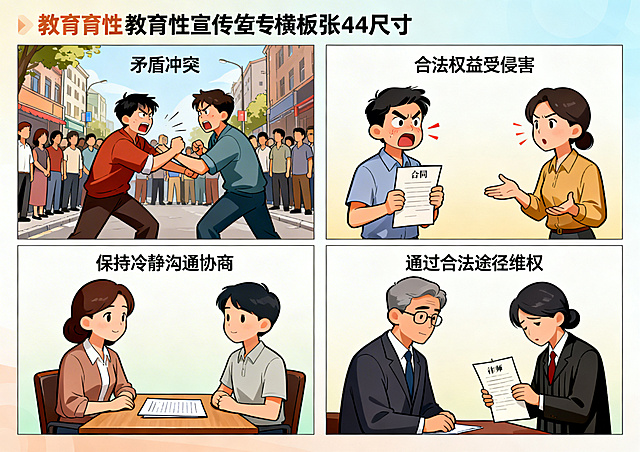 四宫格漫画横板A4尺寸，每个格子占纸张1/4。四格主题依次为：1. 人们发生矛盾冲突；2. 合法权益受到侵害；3. 保持冷静沟通协商；4. 通过合法途径维权。以漫画形式表达正确处理冲突与维权的最佳方案，风格清晰易懂，教育性宣传漫画