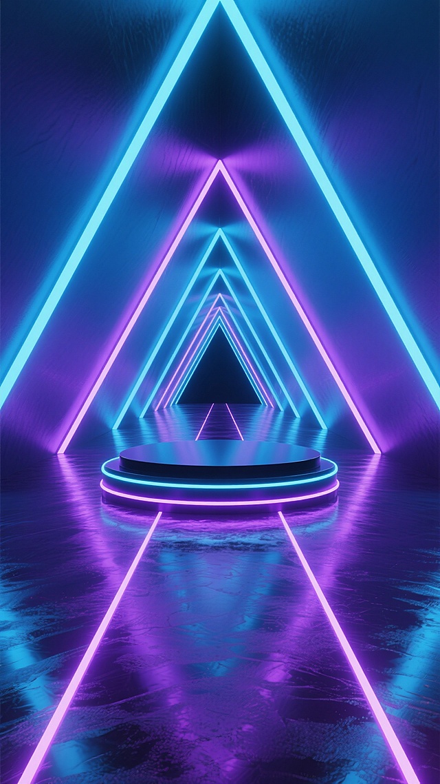 赛博朋克风格电竞背景，深邃暗蓝色与紫色渐变的未来科技感空间，中央是由多层发光三角形框架构成的隧道式结构，框架边缘发出明亮的蓝紫色霓虹光效，底部为反光金属质感的紫色地面，地面上有平行的发光线条延伸至远方，正前方有一个圆形的黑色平台，平台边缘环绕着蓝紫色霓虹灯圈，整体画面充满动感与科技氛围，光影对比强烈，具有强烈的视觉冲击力和空间纵深感。