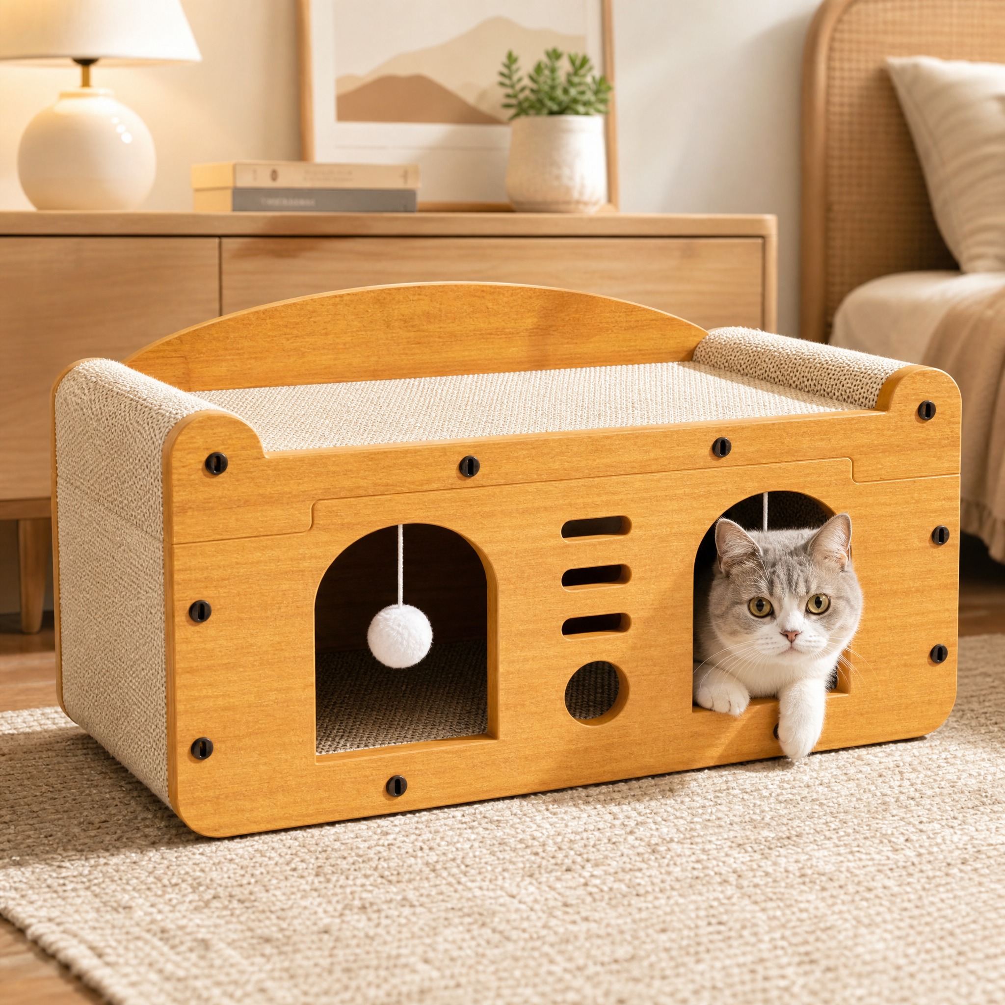 [主图-2] 木质双层猫窝猫抓板场景展示图，不加任何卖点文案。… - 图片创意预览