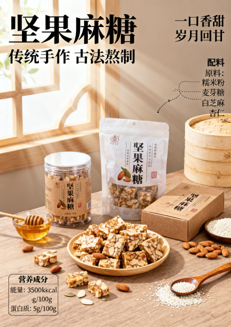 暖调中式复古美食海报，窗边柔和自然光，丁达尔光影，浅棕木质桌面，商业产品摄影，8K超清写实。主体是透明罐、自立袋、纸盒装坚果麻糖，散落切块麻糖、杏仁、白芝麻、蜂蜜、木勺、竹蒸笼。左上角品牌大字标题+副预览效果