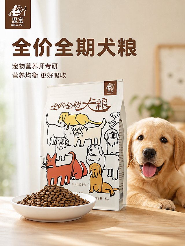 [主图-1] 思宝全价全期犬粮电商首图，产品展示与场景结合。[氛围风格] 温馨自然生活风，专业宠物食品质感。[画质] 商业摄影质感，光线柔和通透，产品清晰真实，画面干净高级。[元素] 思宝狗粮包装袋居中展示，前方白色陶瓷碗盛放颗粒饱满的狗粮，背景搭配干净浅色原木桌面，一只可爱金毛幼犬在右侧探出头，画面温馨治愈。保持狗粮产品外观，包括品牌Logo、手绘狗狗图案与原图完全一致，杜绝任何变形和色差，精细化处理。商品主体占比严格控制在70%左右，画面满屏无边框。[光影] 明亮柔和的室内自然光，从左侧照射，狗粮颗粒呈现自然光泽，阴影柔和，整体通透不灰蒙。[配色] 主色调米白浅棕，配色温暖自然，符合宠物食品调性。[视角构图] 平视视角，景深适中，产品主体清晰突出，背景柔和虚化。[文字版式] 左上角提取原产品"思宝"品牌Logo放置，左上角安全区不遮挡主体；顶部大字主文案"全价全期犬粮"，棕色粗体字清晰醒目；下方辅助文案，宠物营养师专研，两行短句小字棕色，主辅对比分明。[比例分辨率] 3:4比例，2k分辨率；文字清晰锐利，画面超高清。[负向提示词] 变形，水印，文字错乱，产品图模糊，背景杂乱，文字遮挡产品主体。