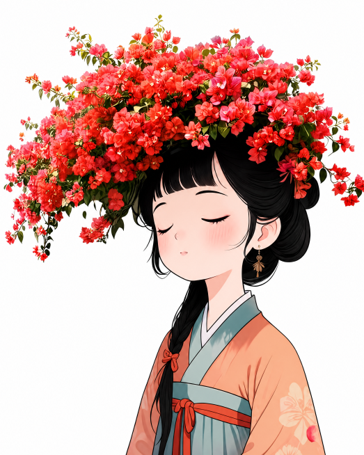 保留正面女孩和头上三角梅花的设计，去掉房子房顶、杂乱背景和棕色树干，改为纯白色背景，生成超高清高清平面图，用于海报印刷预览效果