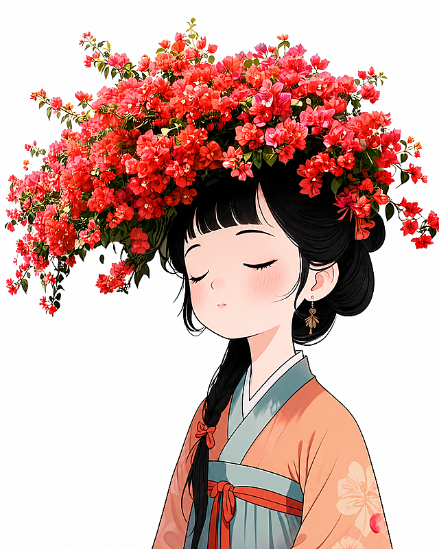 保留正面女孩和头上三角梅花的设计，去掉房子房顶、杂乱背景和棕色树干，改为纯白色背景，生成超高清高清平面图，用于海报印刷
