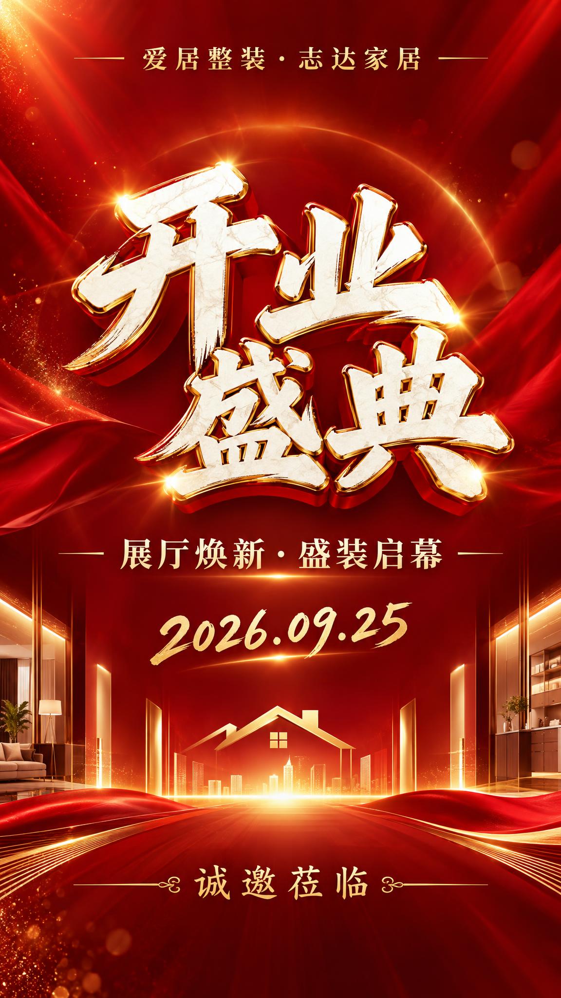 H5竖版开业邀请函封面，红金大气喜庆风格，深红色渐变背景带金色… - 图片创意预览