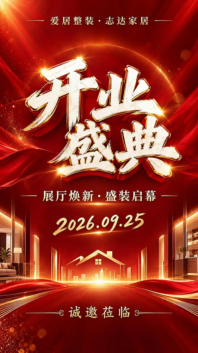 H5竖版开业邀请函封面，红金大气喜庆风格，深红色渐变背景带金色光效和光晕，顶部金色小字"爱居整装·志达家居"，中间大标题"开业盛典"四个大字，白色立体字配金色描边，下方副标题"展厅焕新·盛装启幕"，再下方显示日期"2026.09.25"金色艺术字，底部有金色装饰线条和"诚邀莅临"字样，整体高端大气，家装行业开业邀请函风格，竖版9:16比例