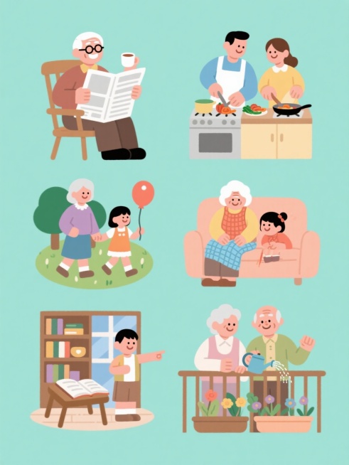 六个不同人物组合的温馨生活场景，采用统一的扁平矢量插画风格，纯色背景，明亮柔和的色彩搭配，圆润的线条和简洁的造型，角色表情亲切自然，画面充满生活气息。第一幅：一位白发老爷爷戴着眼镜坐在木椅上看报纸，旁边是一位老奶奶端着茶杯微笑着看着他；第二幅：一对中年夫妻在厨房里一起做饭，丈夫在切菜，妻子在炒菜，两人相视而笑；第三幅：一位中年妈妈牵着一个小女孩的手在公园里散步，小女孩手里拿着气球；第四幅：一位……预览效果