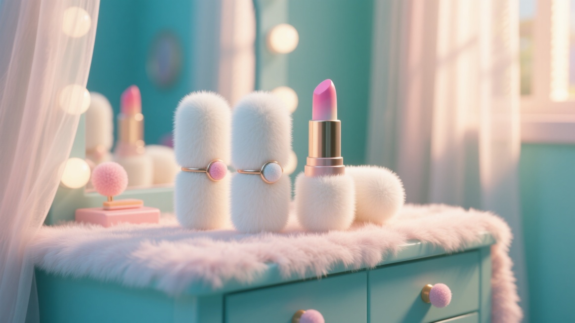 毛绒化口红套装，膏管覆盖奶白色长绒，绒尖带浅粉渐变，金属卡扣镶嵌毛绒球，背景是铺着毛绒桌布的梳妆台，暖阳透过纱帘洒下，绒面反光细腻，甜暖治愈风，超写实质感预览效果