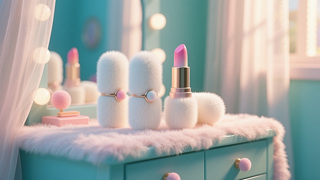 3D轻拟物风，毛发生长质感的唇膏搭配柔光浮雕元素，营造梦幻温馨的甜蜜氛围，宛如童话中的化妆台。
