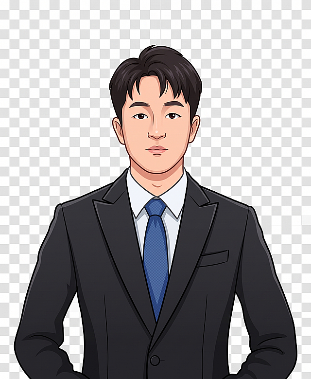 基于这张人物照片，生成无背景的卡通风格形象，保留人物特征和西装领带造型，背景透明