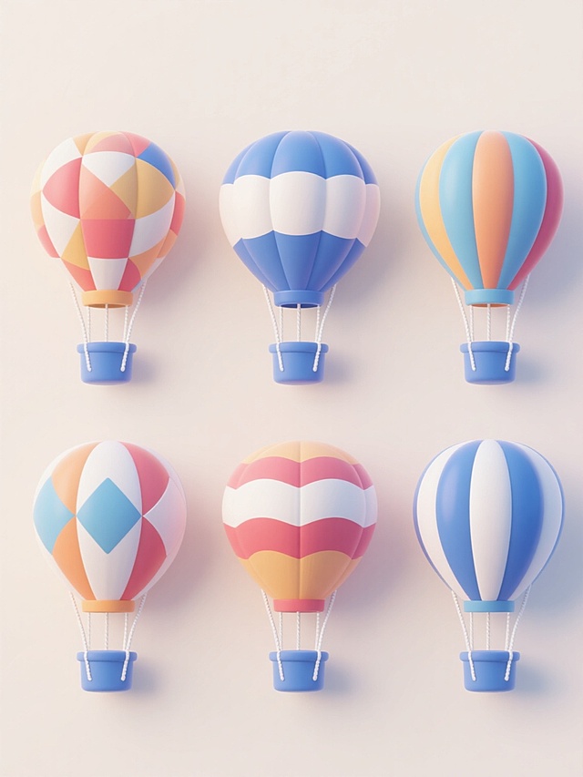 六个不同样式和配色的热气球元素，每个热气球都具有独特的几何图案和色彩组合，保持与示例热气球相似的圆润3D立体感和光滑渐变质感，整体排列为上下两行对齐的布局，背景为浅色，所有热气球都配有蓝色的吊篮和白色的绳索，设计简洁明快，适合用于装饰或图标用途。