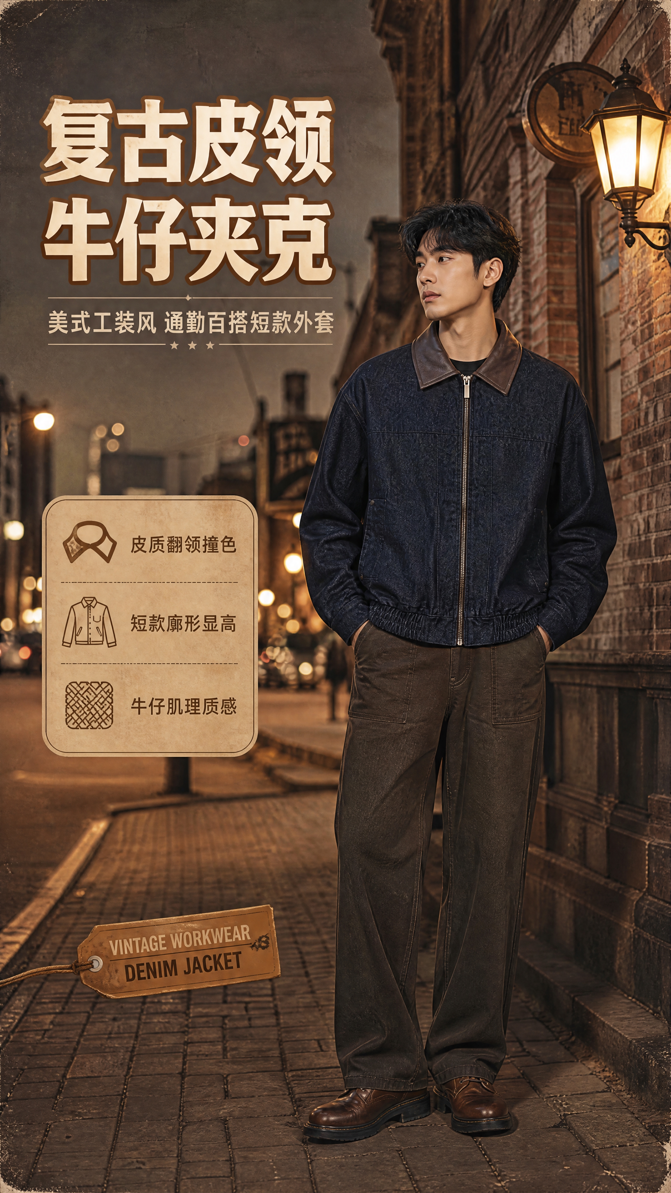 [商品] 使用【图1】深藏青牛仔面料+深棕色皮质翻领短款夹克；… - 图片创意预览