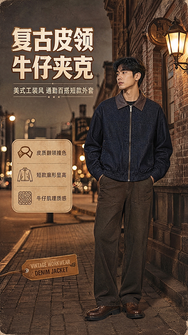 [商品] 使用【图1】深藏青牛仔面料+深棕色皮质翻领短款夹克；商品处理：保留皮质翻领、金属拉链、按扣口袋、松紧下摆、长袖袖口、牛仔肌理纹理和深藏青颜色；自然去除衣身悬挂产生的轻微褶皱，理顺版型，增强牛仔布纹理、皮质领光泽、拉链五金高光和缝线清晰度，不改变版型结构和颜色。
[画面] 目标：复古风格头图海报，突出夹克整体造型与美式复古都市氛围。构图：左文右图，右侧为亚洲男模特穿着夹克的全身/大半身造型，模特站在复古都市街头（老砖墙+暖黄路灯+复古街景虚化），姿态自然放松，手插口袋，夹克正面完整展示。左侧上方留白放标题文案。主体占画面约65%，前景地面、中景模特与夹克、后景虚化复古街景形成3层景深。
[视觉] 套系策略：风格=美式复古都市商业摄影；标题字=复古衬线粗体+英文无衬线装饰；正文字=简洁无衬线体；主色=深藏青牛仔蓝；背景延展=基于深藏青做深浅层级、暖棕色调复古街景、同色系渐变和细腻做旧纸张/砖墙质感；强调色=复古焦糖棕，仅用于小面积图标、引线、标签和装饰线条；标题色=米白+焦糖棕描边/底衬；正文色=浅米灰；组件=圆角复古信息卡、细棕线引线、做旧标签；光影=右前侧暖黄柔光，模拟傍晚街灯光影，夹克正面清晰有质感。
[文字] 左上区域主标题「复古皮领 牛仔夹克」，副标题「美式工装风 通勤百搭短款外套」，下方3个短卖点：「皮质翻领撞色」「短款廓形显高」「牛仔肌理质感」；文字横向排版，不遮挡夹克主体和模特脸部，手机端清晰可读。
[规格] 图片比例9:16竖版，4K，避免变形、错字、文字过小、冷蓝背景、衣服颜色改变、版型失真、白底、极限词。