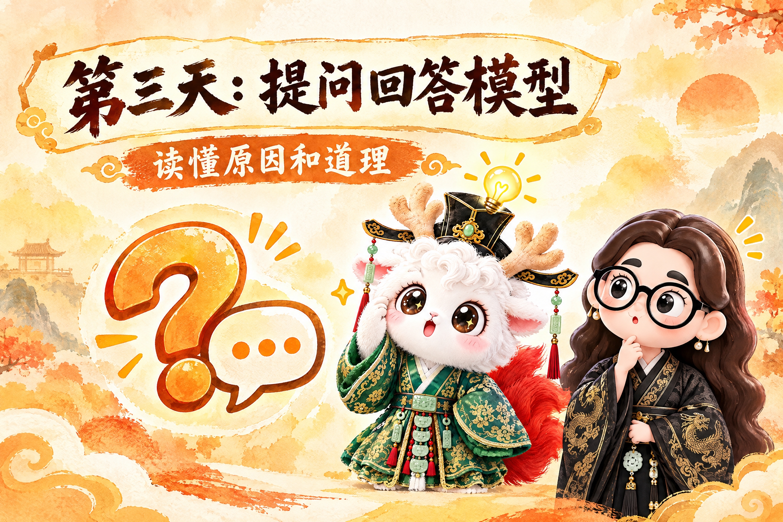 横版6寸比例的课程标题页设计，大标题为"第三天：提问回答模型"… - 图片创意预览