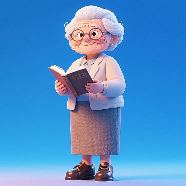 老年女教师教师（拿书，穿皮鞋），全身，元素完整。蓝色渐变背景