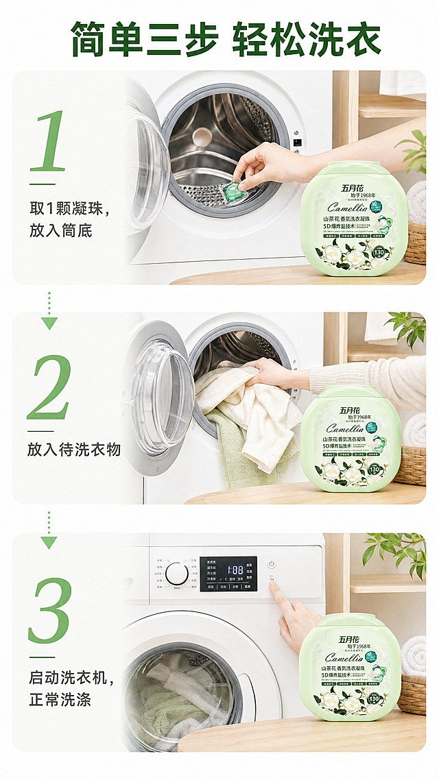 [第5屏] 使用流程步骤演示。本屏使用【图1】产品信息。
[氛围/风格] 简洁教程风，浅色背景，步骤清晰易懂，生活感真实。
[元素布局] 从上到下分三步展示，每一步占大约三分之一画面。第一步：取一颗凝珠放入洗衣机筒底，第二步：放入待洗衣物，第三步：启动洗衣机正常洗涤。每一步配一张示意图，产品外观保持与原图一致。背景干净，步骤之间用浅灰色箭头连接引导阅读。
[光影质感] 每一步骤均匀打光，示意图清晰，产品突出，整体明亮自然。
[配色色系] 全局底色：#FFFFFF；步骤框：#F8FAF5；箭头和线条：#81C784；标题：#2D5F2E；说明文字：#555555。
[视角构图] 竖向三步骤排版，每一步横向布局，从上到下顺序浏览，逻辑清晰。
[文字版式] 顶部大标题「简单三步 轻松洗衣」深绿色加粗居中；每一步骤左侧数字编号，右侧图片+步骤说明文字，字号大小合适，移动端清晰可读。
[比例分辨率] 9:16竖版比例，4K分辨率，文字清晰可辨，超高清。
[负向提示词] 步骤混乱，产品变形，文字模糊，颜色偏差，箭头错误，水印，背景杂乱。