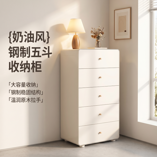 [主图 1] 奶油风钢制五斗收纳柜家居场景氛围首图
[氛围风格] 温馨简约北欧家居氛围感，整洁收纳秩序感
[画质] 商业摄影质感、光线柔和通透、产品清晰真实、画面干净高级
[元素] 奶油白色钢制五斗柜预览效果