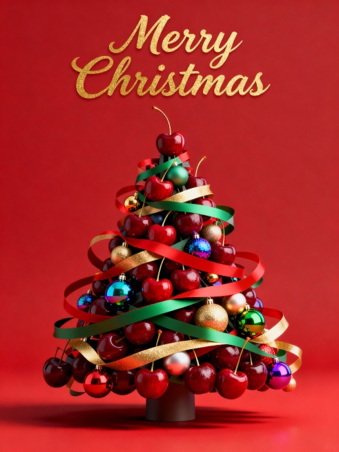 车里子
丝带 彩球
画面顶部金色的手绘英文字体书写着 “Merry Christmas”，红色背景预览效果