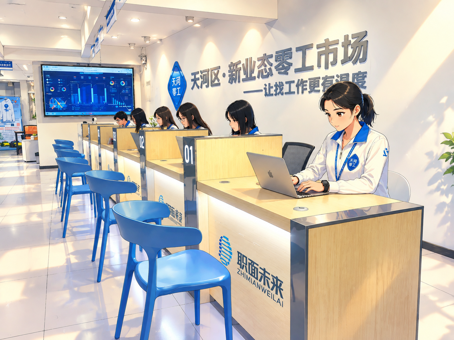 将这张零工市场办公场景的照片转换为日系动漫风格，保留画面中所有… - 图片创意预览