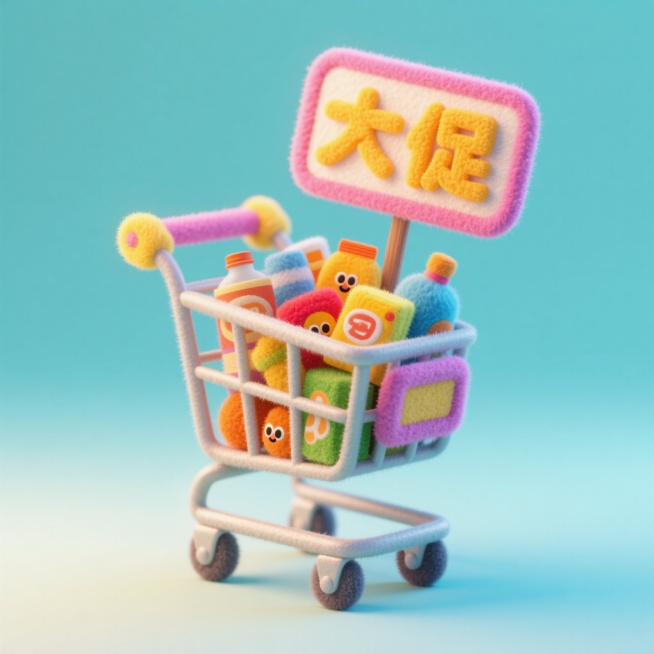 购物的车里装着很多商品，周围有个牌子写着“大促”，撞色，促销氛围预览效果