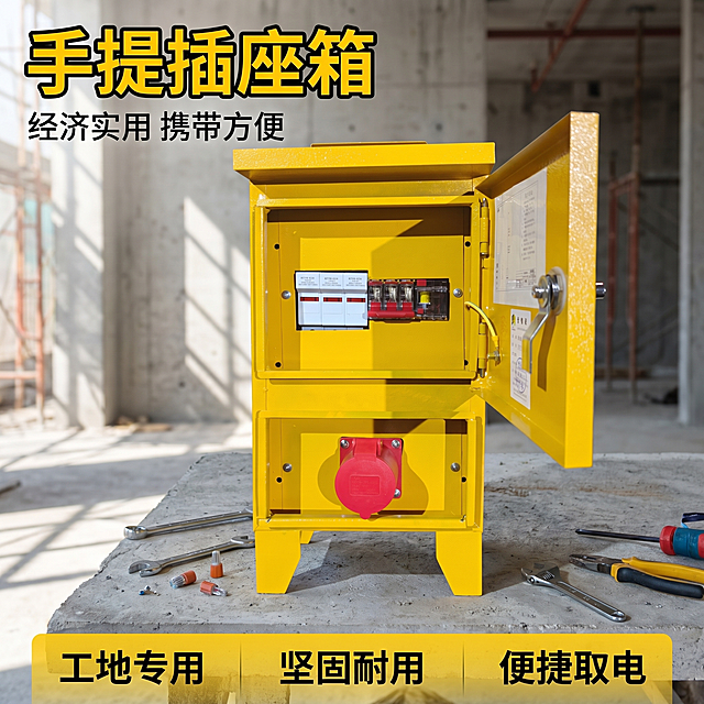 [主图-1] 工地场景手提插座箱产品首图。
[氛围风格] 硬核工地工业风，专业性价比，直白醒目。
[画质] 商业摄影质感，光线硬朗通透，产品清晰真实，画面干净高级。
[元素] 黄色手提插座箱居中打开展示，放置在工地水泥工作台上，周围散落少许施工工具配件做点缀，保留插座箱原来的黄色箱体红色接口的配色。保持手提插座箱外观（物理结构、材质质感、颜色）与输入产品图绝对一致，杜绝任何变形和色差，精细化处理。商品主体占比严格控制在70%左右，画面满屏无边框。
[光影] 施工现场自然日光，主光从左侧照射，箱体边缘形成清晰高光，内部元件阴影层次分明，金属和塑料材质质感突出，明暗对比清晰不脏闷。
[配色] 主色调为明黄色（箱体）+红色（接口），背景为浅灰色水泥工作台色，突出产品主体。
[视角构图] 平视视角，产品为绝对视觉中心，景深适中，产品轮廓完整不裁切。
[文字版式] 左上负空间左对齐留安全边距。大字文案“手提插座箱”黄色加粗描黑，下方大字卖点“经济实用 携带方便”白色小字。底部通栏黄色半透明渐变蒙层，分三列展示卖点，左列“工地专用”中列“坚固耐用”右列“便捷取电”，白字清晰，反差强烈，符合拼多多大字直白风格。
[比例分辨率] 1:1比例，2k分辨率，文字清晰可辨，超高清。
[负向提示词] 变形，水印，文字错乱，产品图模糊，背景杂乱，颜色偏差，遮挡主体，牛皮癣，刺眼配色。