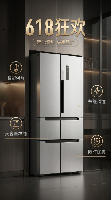 618商业营销海报，包含这款冰箱商品精简的信息图元素，高质感配色，f/2.8柔和景深照片写实质感，无畸变预览效果